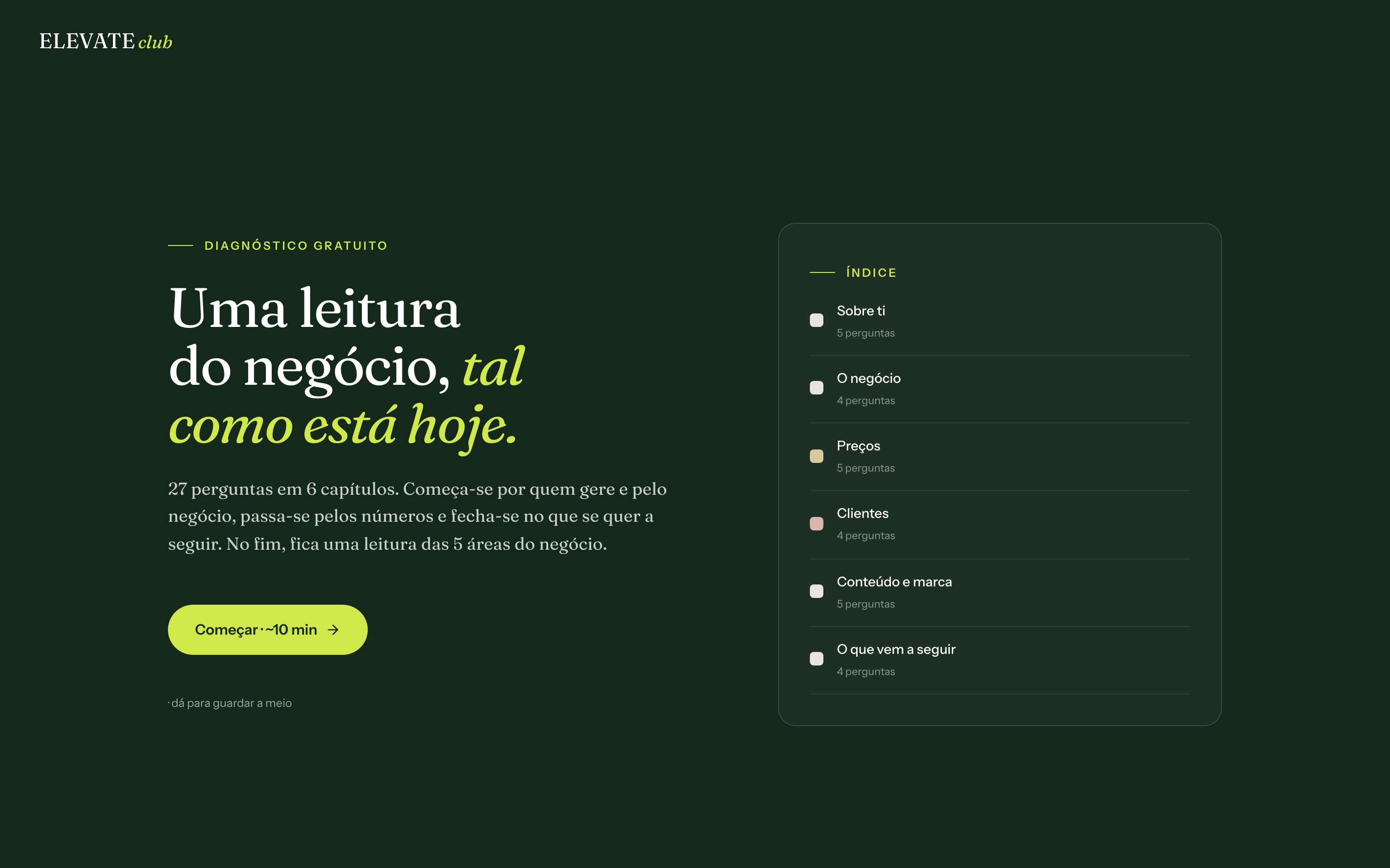 Ecrã Diagnóstico gratuito do Elevate Club