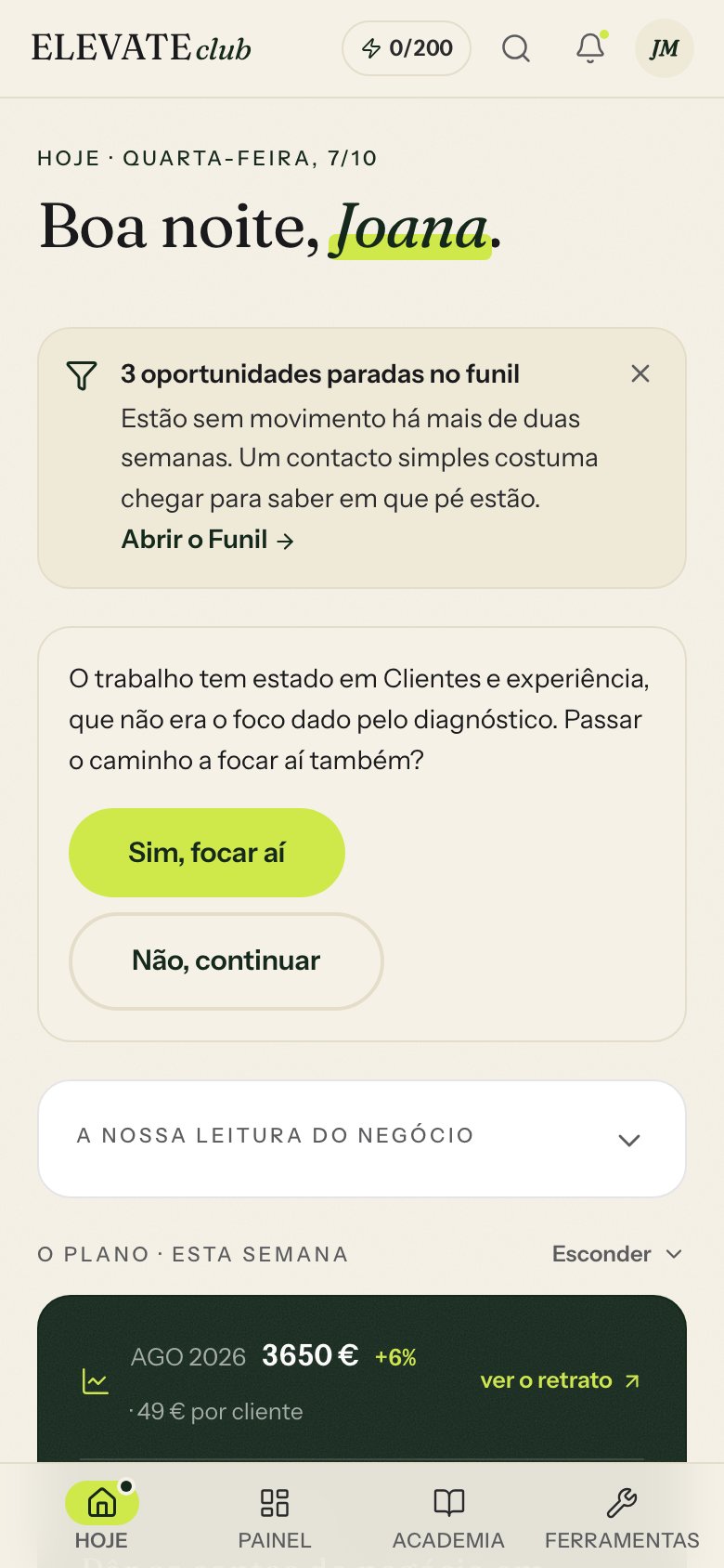 Ecrã No telemóvel do Elevate Club
